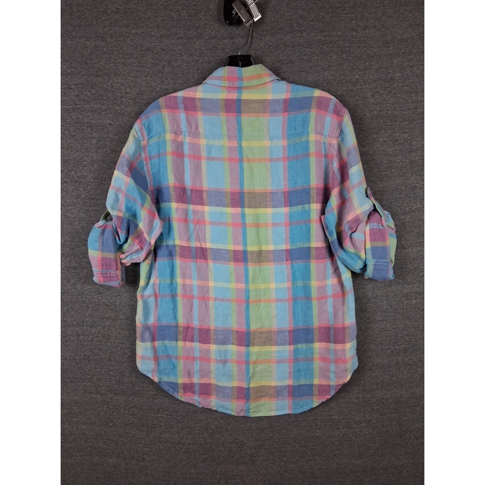 Jones New York Womens Shirt S Blue Pink Pastel Plaid 100% Linen Coastal Resort - Picture 6 of 7